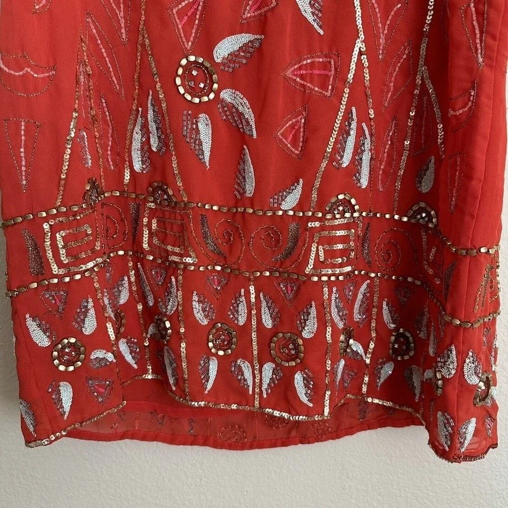 Free People Mini Dress Women XS Red Beaded Sequin‎ Boho Shift OB334008